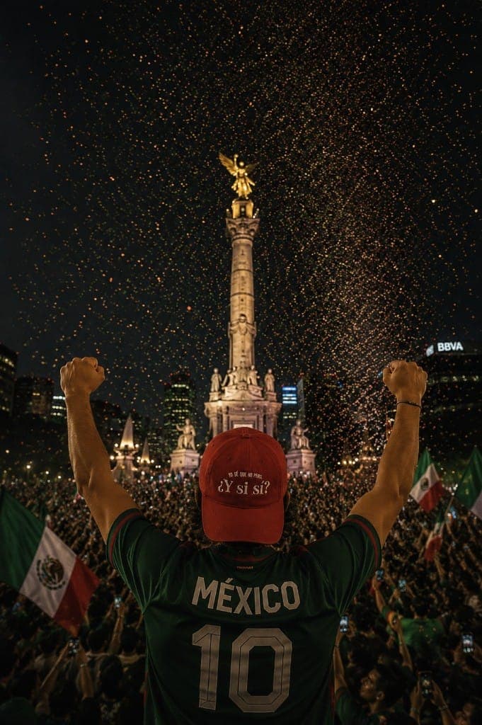 Gorra ¿Y si sí? roja celebrando frente al Ángel de la Independencia